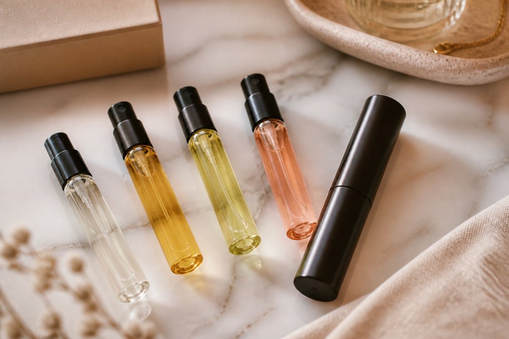 A flat lay of several small glass perfume vials and a travel atomizer on a marble countertop, with soft natural light highlighting the labels and liquid colors