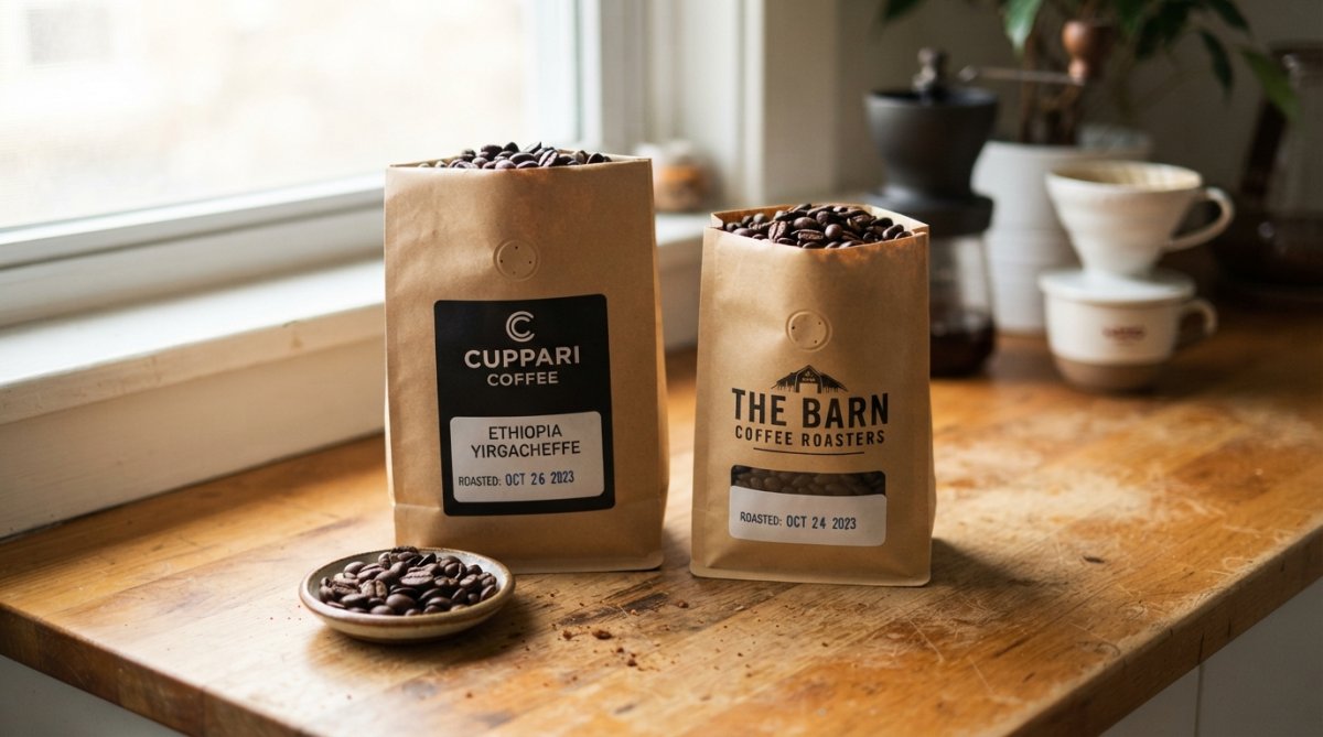 Flat lay of five different coffee bags from various specialty roasters with roast dates visible, whole beans scattered on a wooden surface with natural morning light