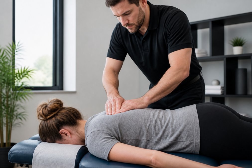 A chiropractor using a gentle, light-touch technique on a patient's upper back while the patient lies face-down on a padded table in a bright, modern clinic