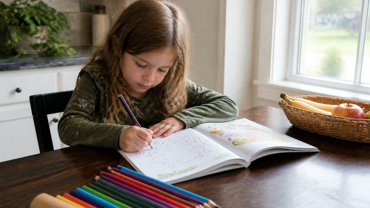 A child sitting at a kitchen table working on a colorful activity book with colored pencils and a dot-to-dot page open, natural window light