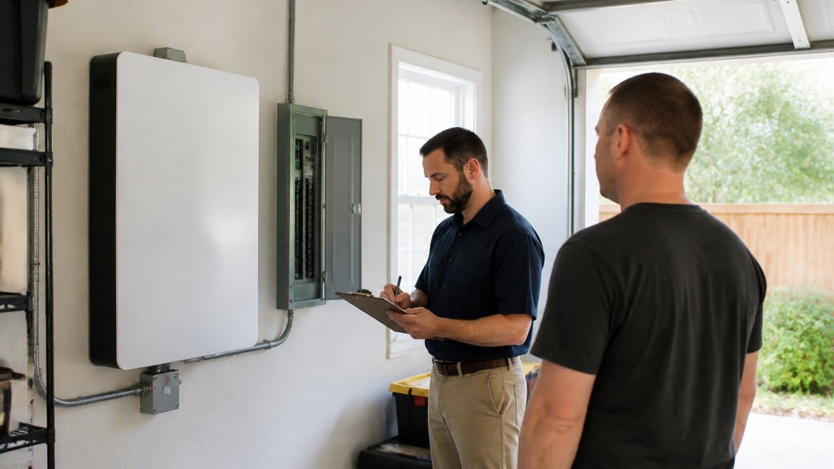 Electrician reviewing a home battery system with a homeowner as one of the alternatives to Tesla Powerwall for home storage