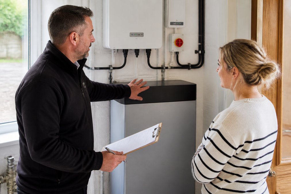 A professional installer in a branded uniform explaining a home battery system to a homeowner in a utility room, with a clipboard and tablet showing system details