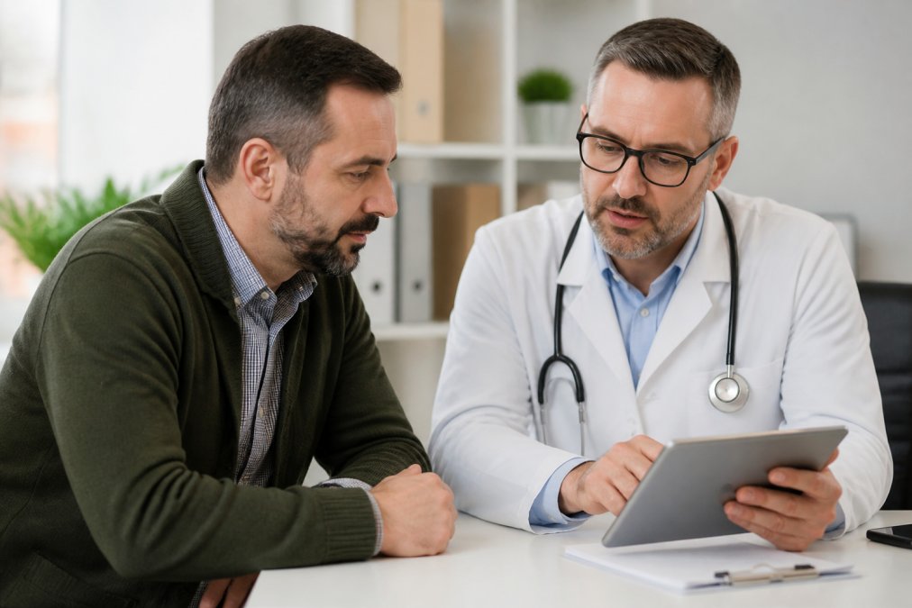 A man in his late 40s sitting across from a physician in a bright consultation room, reviewing lab results on a tablet, both leaning in with focused expressions
