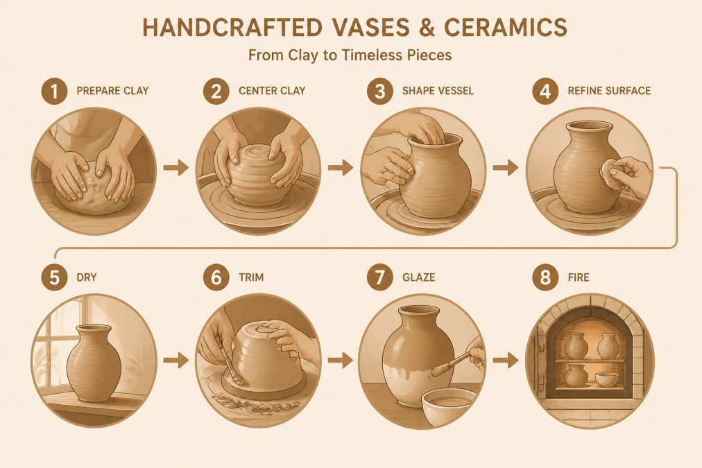Close-up of artisan hands shaping clay on a pottery wheel, showing the handcrafted ceramic process with natural light from studio windows