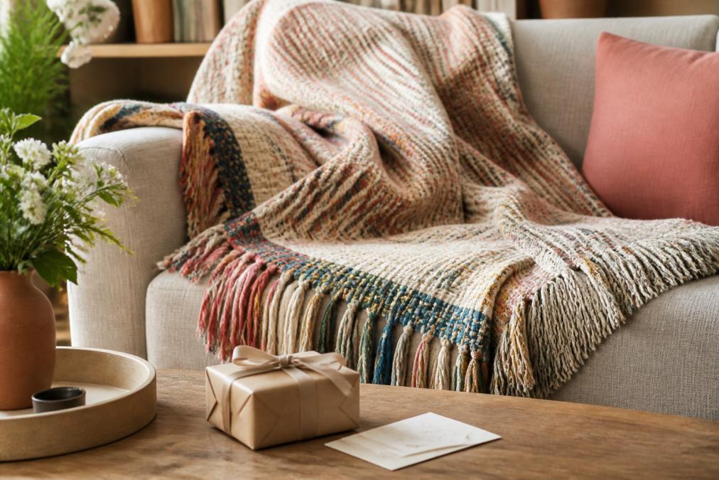 Woven cotton blanket on a sofa with a gift box, perfect for traditional anniversary gifts in an intimate setting.