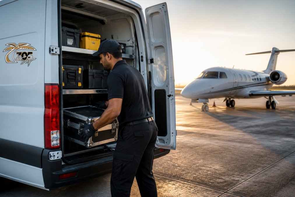 Technician in uniform loading aircraft maintenance equipment and spare parts into a mobile service van at dawn, with aircraft visible in the background, ready for emergency response