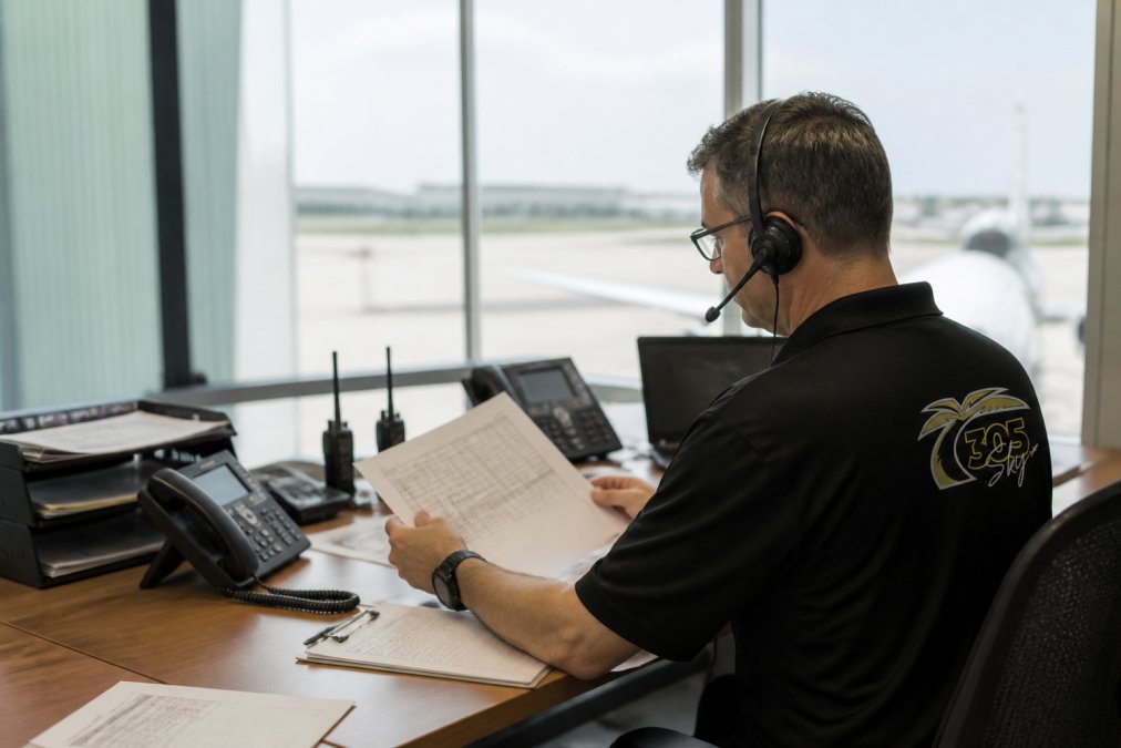 Logistics coordinator monitoring real-time shipment tracking on a computer screen in a modern dispatch center, with multiple aircraft status displays visible, natural office lighting