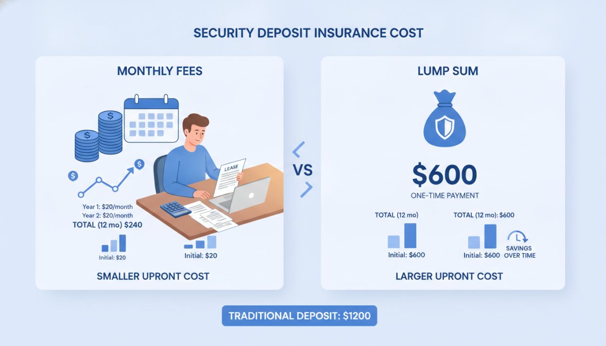 Alternatives to Traditional Apartment Security Deposits 1 Renter reviewing lease agreement and comparing deposit alternative costs at desk with laptop, calculator, and rental documents under warm office lighting