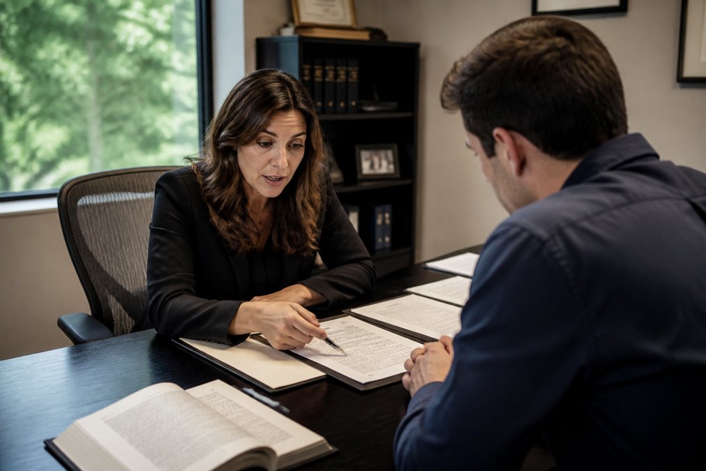 Criminal defense attorney in law office consultation room meeting with client, reviewing case documents and bail alternatives on desk with natural office lighting