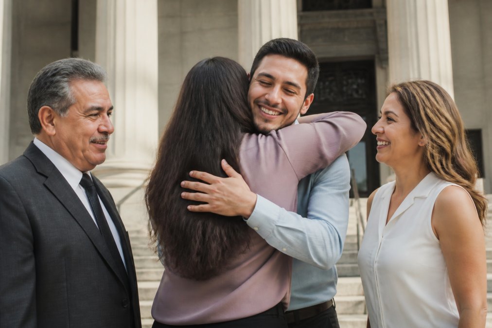 Person walking out of courthouse with family members embracing, representing successful pretrial release and freedom from detention with natural daylight