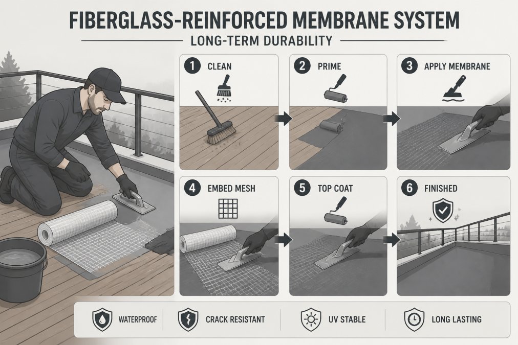 Professional applying fiberglass-reinforced membrane to wooden balcony surface with trowel, showing the protective layer installation process in natural daylight
