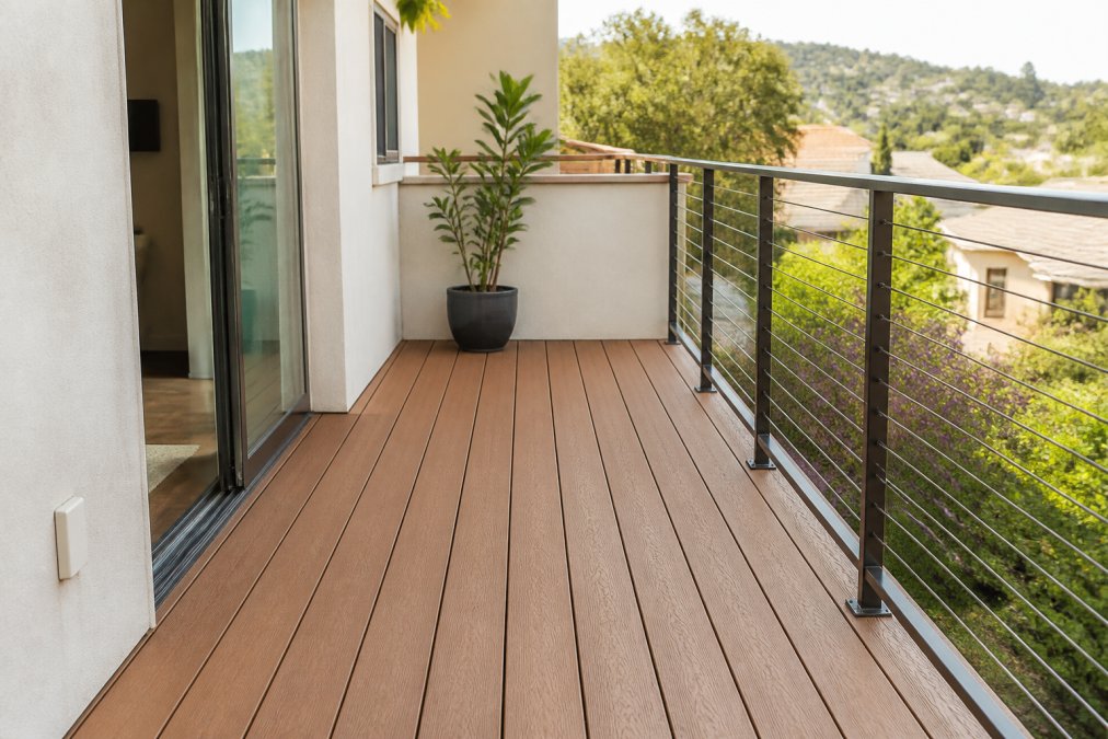 Residential balcony constructed with composite decking boards in natural wood-tone finish, showing clean lines and finished appearance without visible sealing or weathering