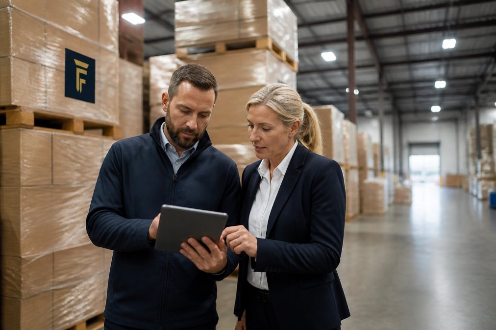 A business owner in a warehouse reviewing inventory on a tablet with a financial advisor, both standing near stacked pallets under bright industrial lighting