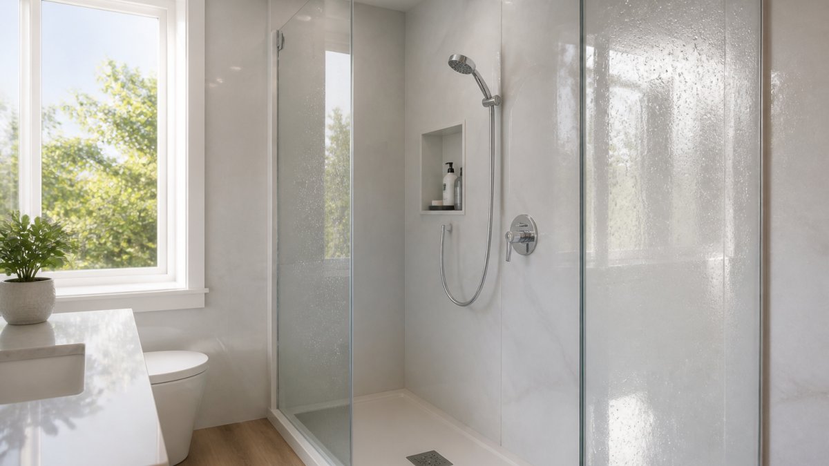 Modern bathroom with seamless acrylic wall panels installed around a shower enclosure, water droplets beading on the glossy surface, bright natural lighting from a window
