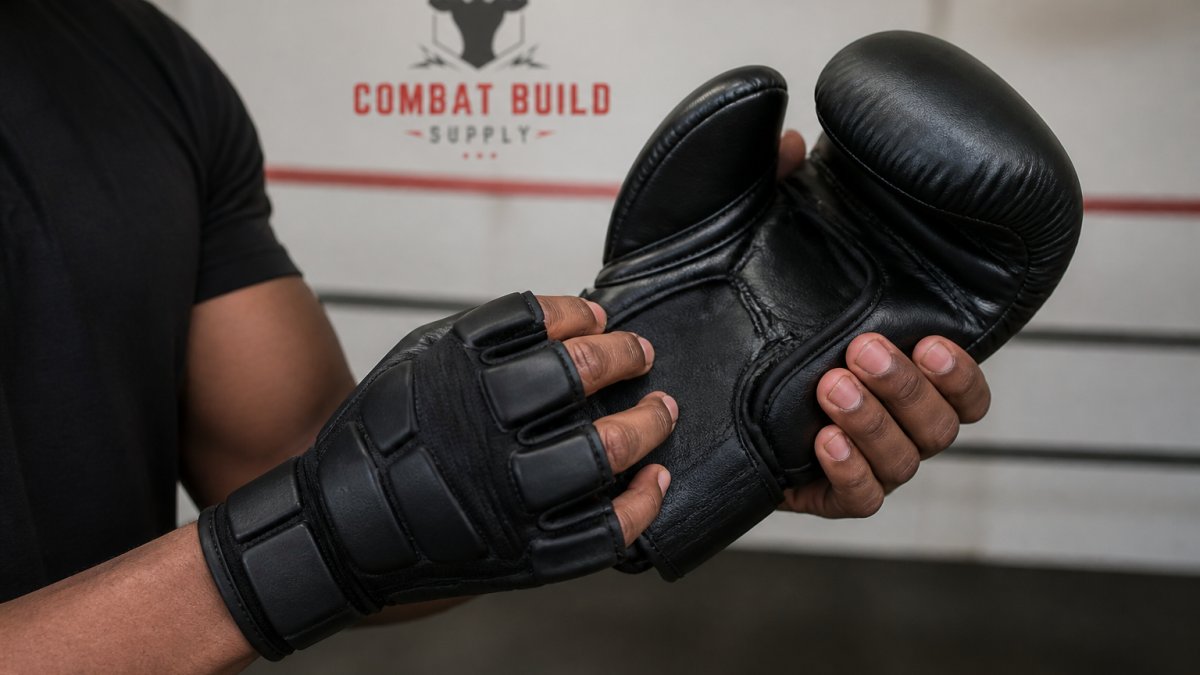 Close-up of fighter's hand wearing gel-padded inner gloves with visible cushioning structure, showing how padding sits inside a boxing glove