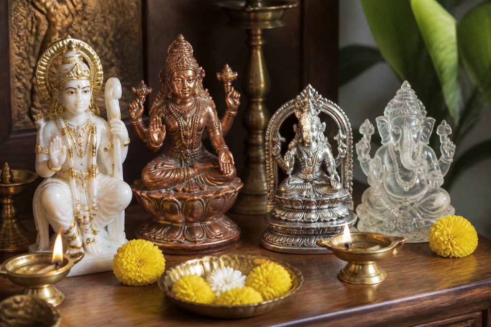 Primo piano di una statua di divinità in marmo lucido, una scintillante murti in rame con patina in via di sviluppo, un idolo d'argento con certificazione del marchio di garanzia e Ganesha in cristallo di quarzo trasparente disposti insieme su una mensola dell'altare in legno con lampade a olio in ottone e fiori freschi in una morbida luce naturale