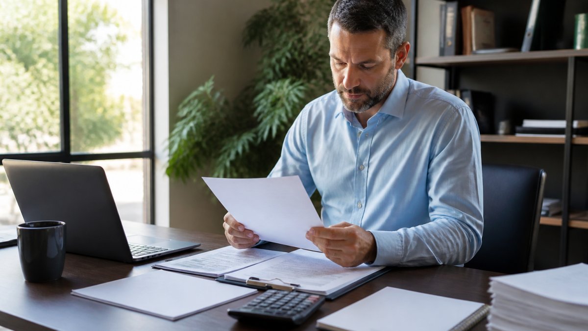 Business owner reviewing insurance documents and policy options at desk with laptop, calculator, and paperwork, natural office lighting