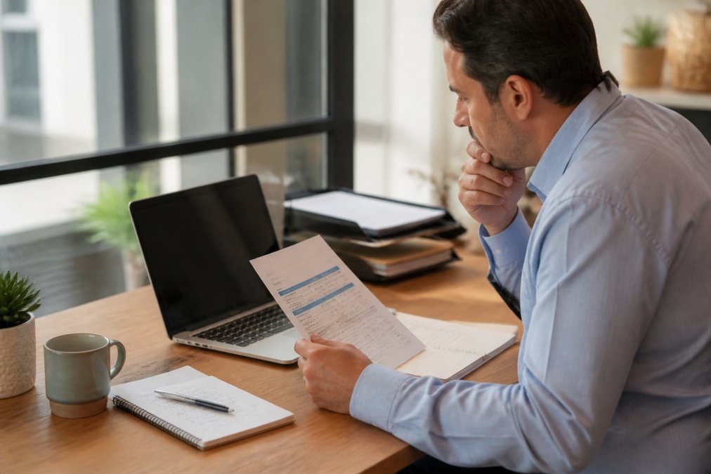 A small business owner reviewing financial documents at a desk in a bright office, laptop open to a lender comparison page, a notepad of questions beside a coffee cup