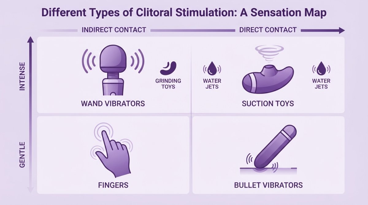 2x2 matrix plotting stimulation methods by direct vs. indirect contact on the horizontal axis and gentle vs. intense sensation on the vertical axis, with suction toys, bullet vibrators, wand vibrators, fingers, water jets, and grinding toys placed in their quadrants