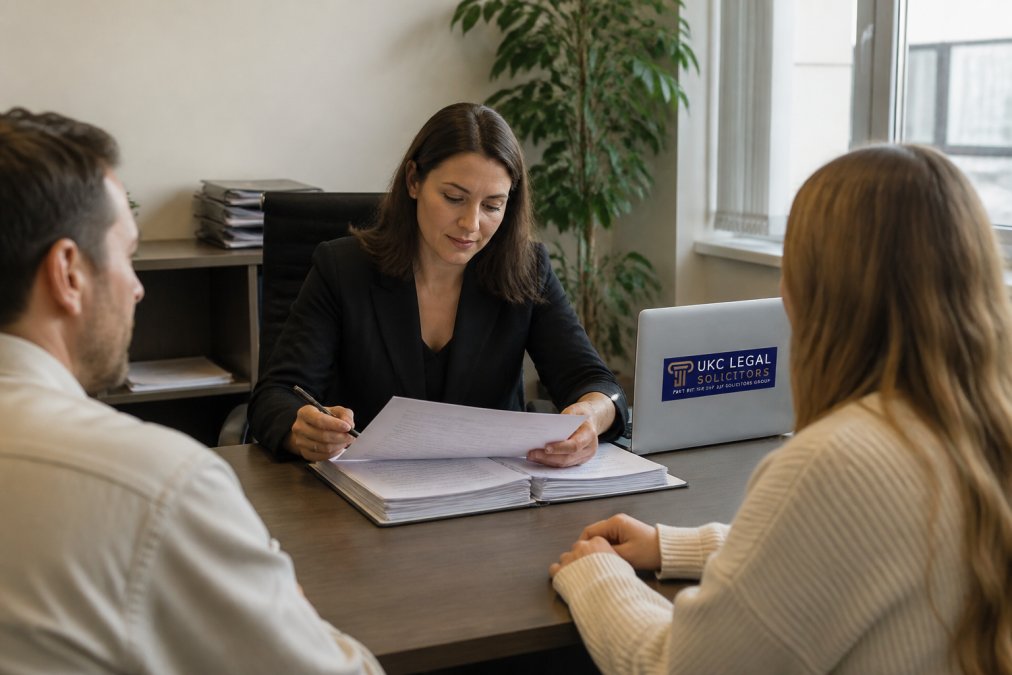 Professional conveyancer reviewing property documents at a desk with a laptop and paperwork, natural office lighting, appearing focused and knowledgeable