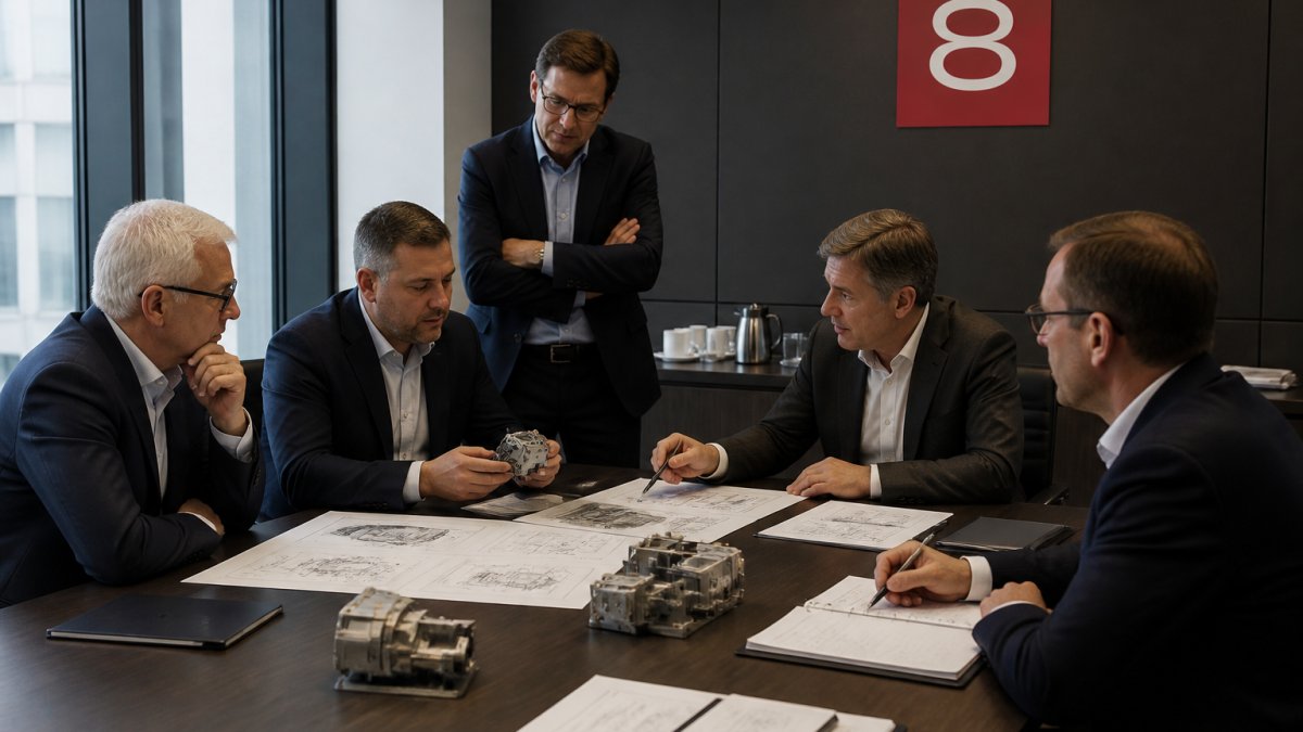 Senior procurement executives from multinational defense firms reviewing technical specifications and prototype performance data in a modern conference room with large display screens