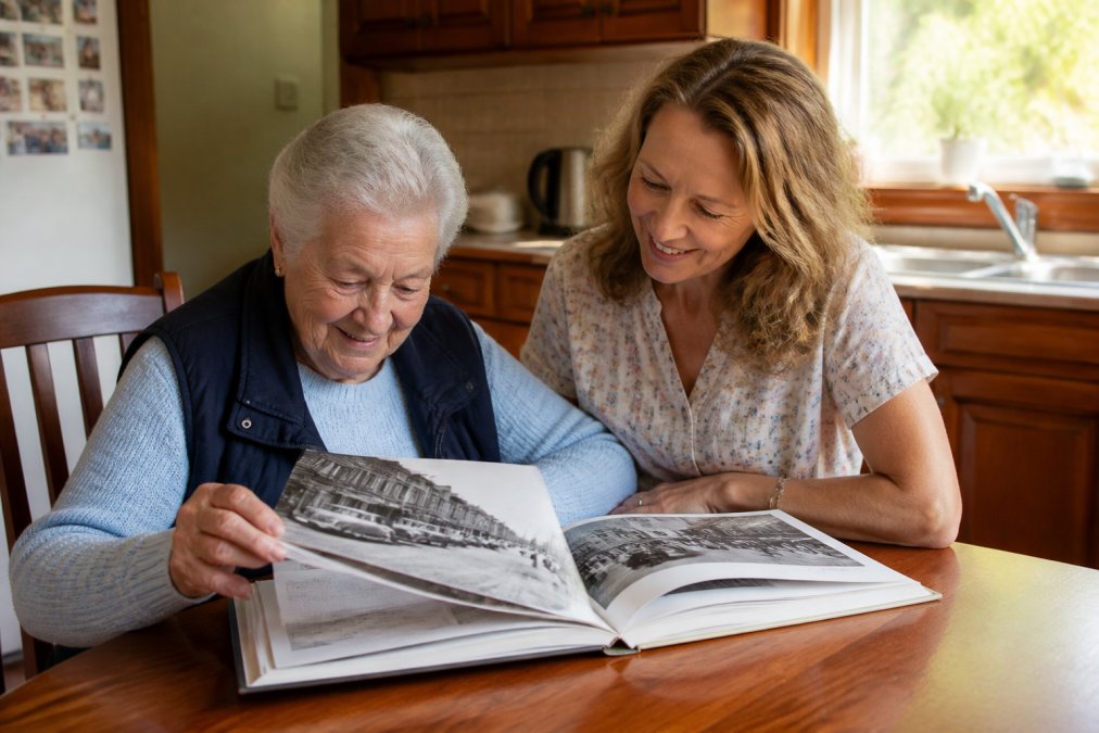 Daughter and mother using vintage photo books as dementia memory games to trigger nostalgia at a kitchen table.