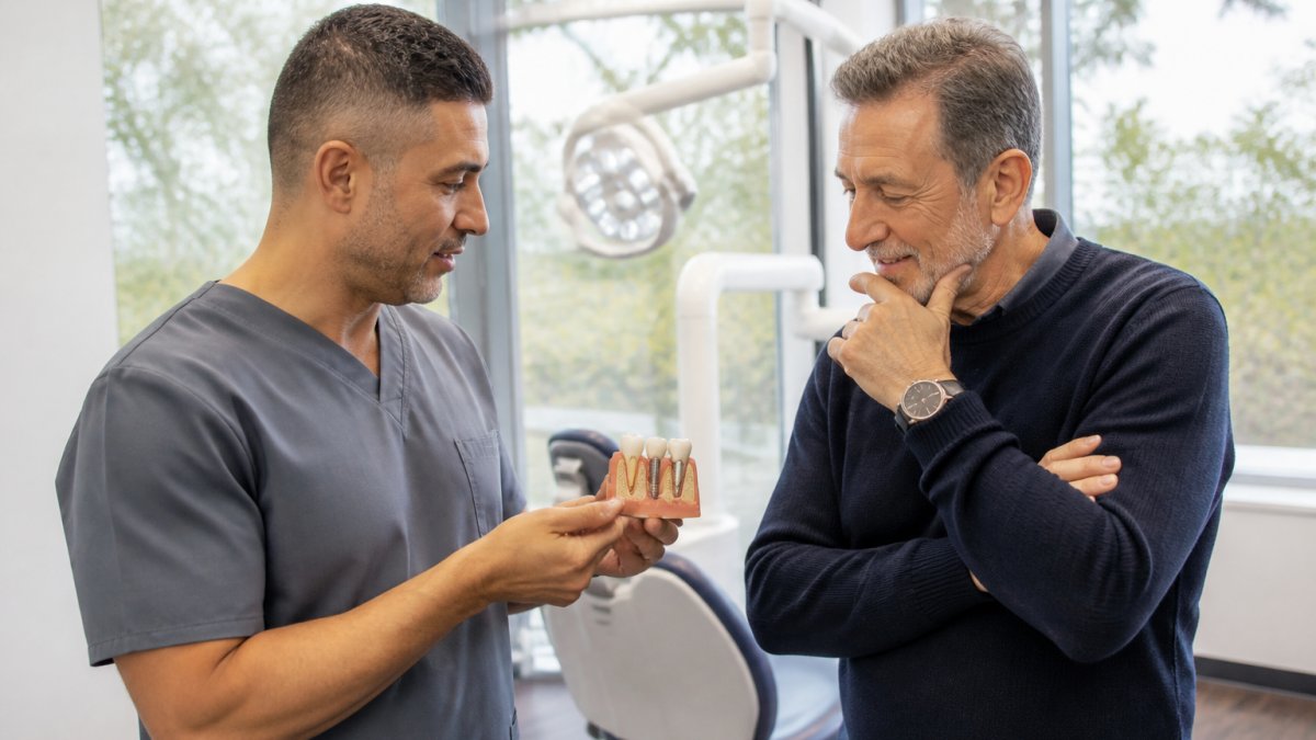 Professional dentist reviewing dental implant treatment plan with patient using jawbone model and X-ray images in modern clinical setting with warm lighting