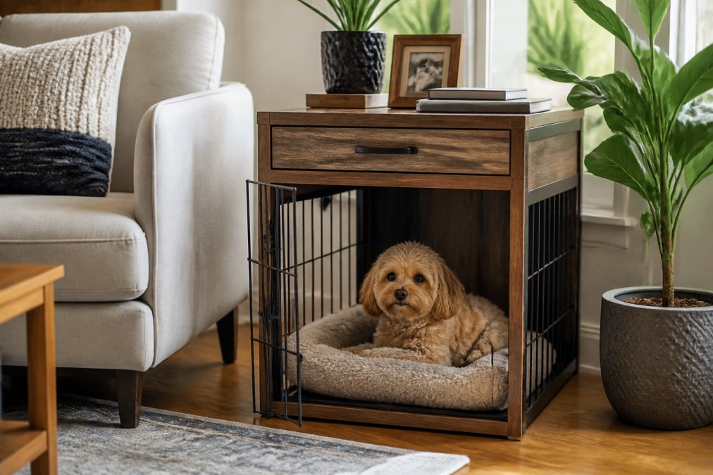 A stylish wooden end-table dog crate with a plush bed inside sits in a bright modern apartment living room, a green plant beside it and soft afternoon light through the window