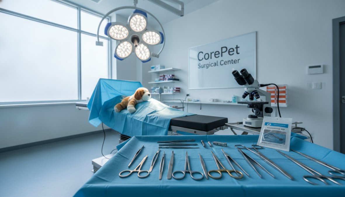 Veterinary surgeon performing minimally invasive vasectomy procedure on male dog under anesthesia in modern surgical suite with overhead surgical lights