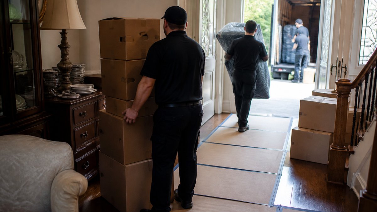 Professional crew carefully removing furniture and boxes from a residential home, using floor protection and organized loading techniques, working methodically through rooms