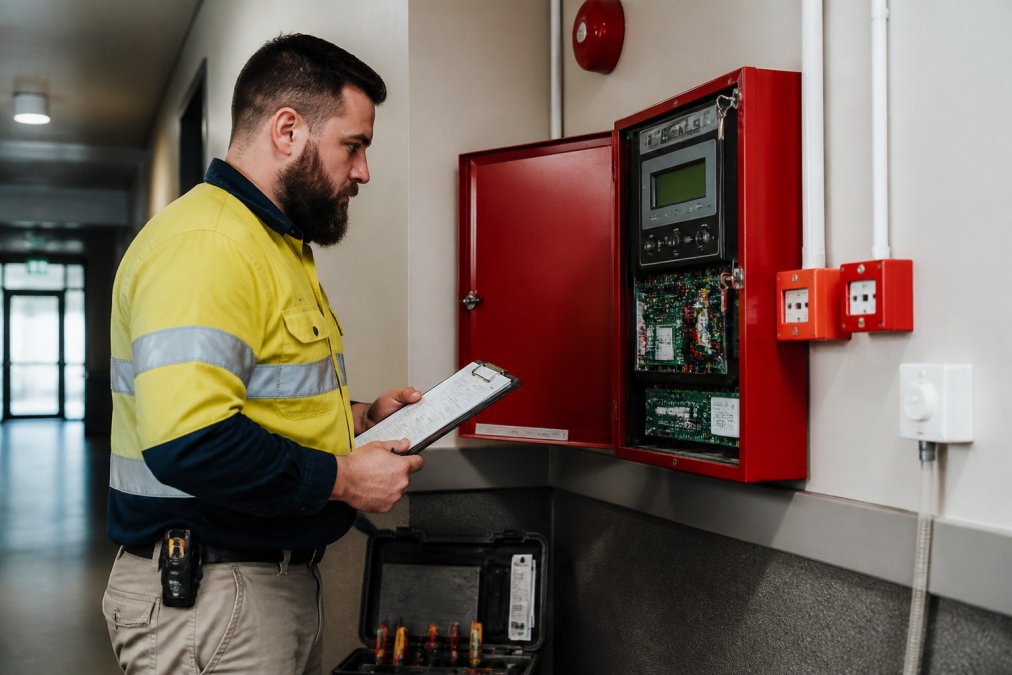 Technician inspecting a fire alarm control panel during the transition to modern fire alarm monitoring systems.
