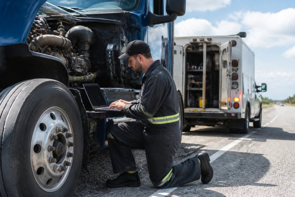 Diesel technician using a diagnostic laptop on a semi-truck to support fleet maintenance contracts on the highway.