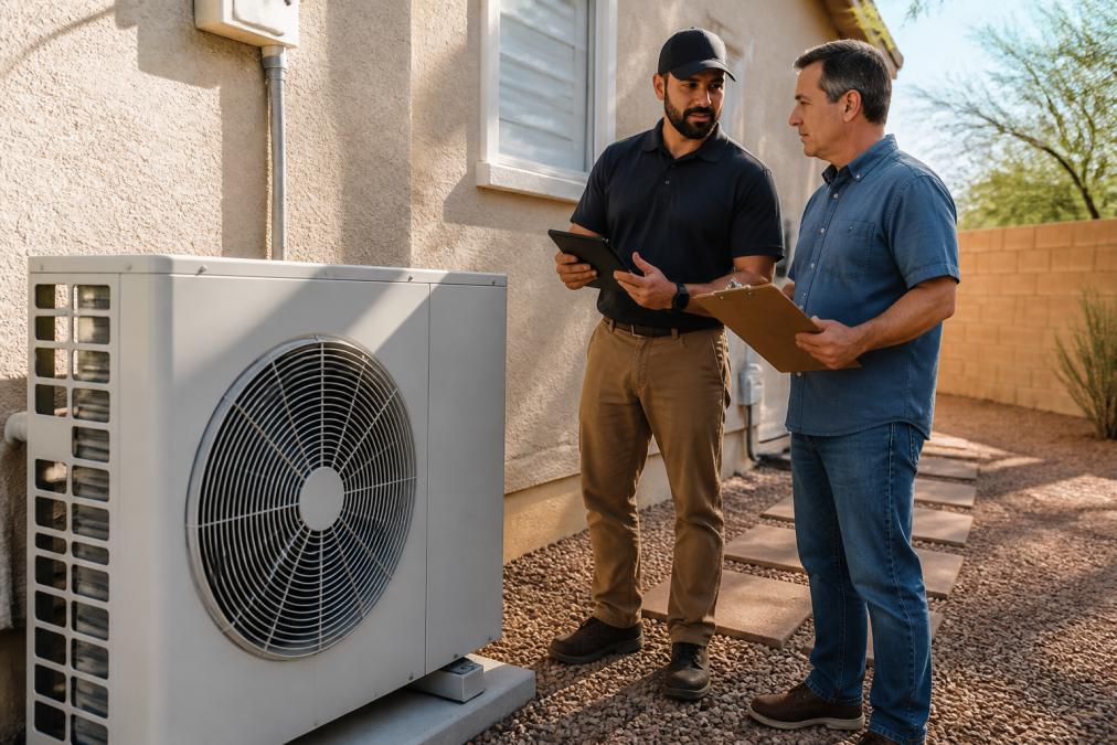 A homeowner and an HVAC technician standing next to a newly installed outdoor heat pump unit, discussing the system with a clipboard and digital tablet in hand, bright afternoon light