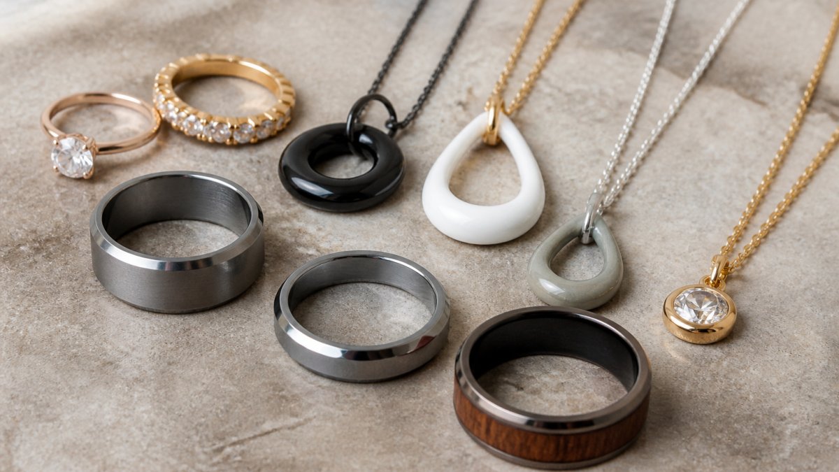 Close-up of diverse sentimental keepsake jewelry pieces displayed on a neutral surface, showing titanium rings with subtle finishes, wood-inlay bands with natural grain patterns, ceramic pendants in modern shapes, and lab-grown diamond settings alongside traditional gold pieces to illustrate nontraditional material variety