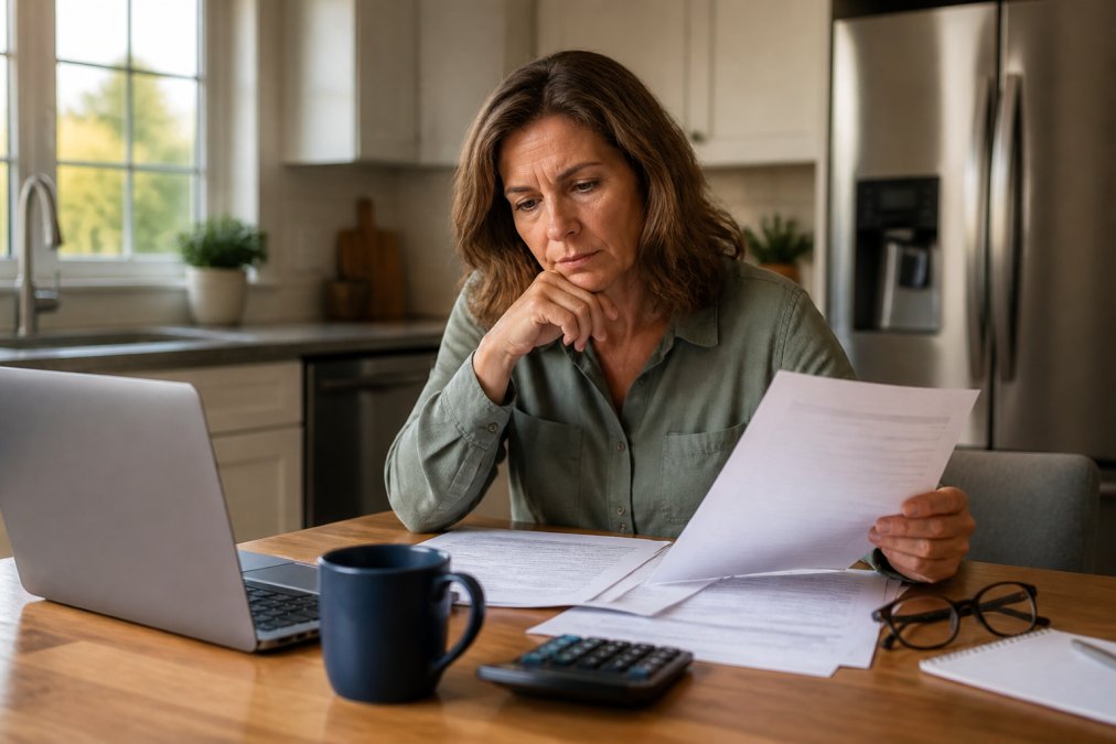 A homeowner sitting at a kitchen table reviewing insurance documents and a laptop, with a calculator and coffee mug nearby, looking thoughtful