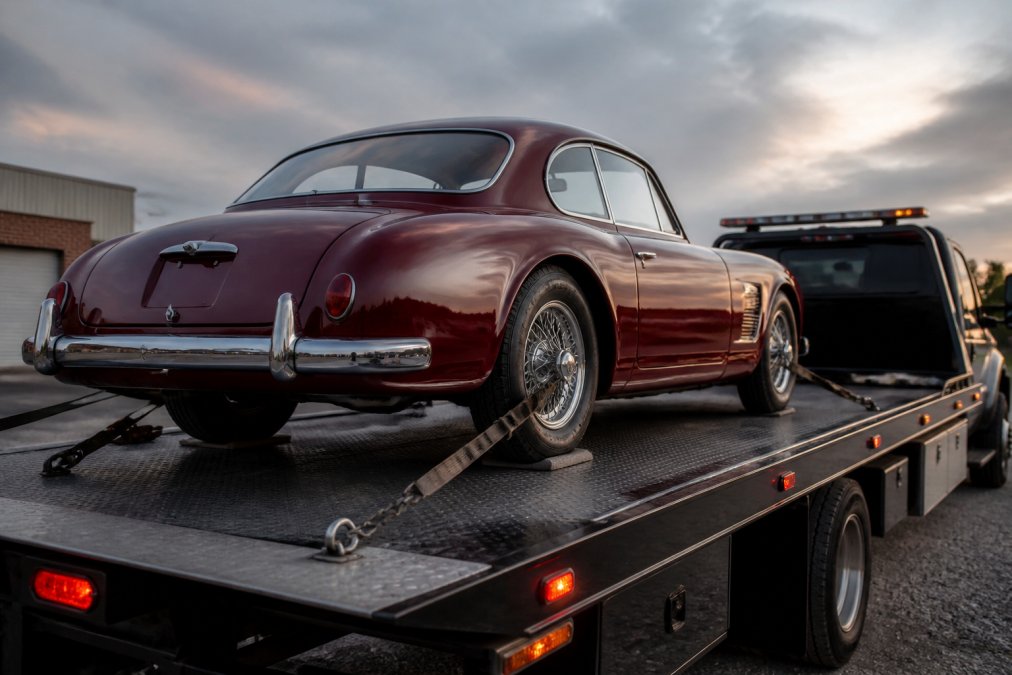 A beautifully maintained classic car secured on a flatbed trailer with soft tie-down straps, showing proper loading angle and protection setup