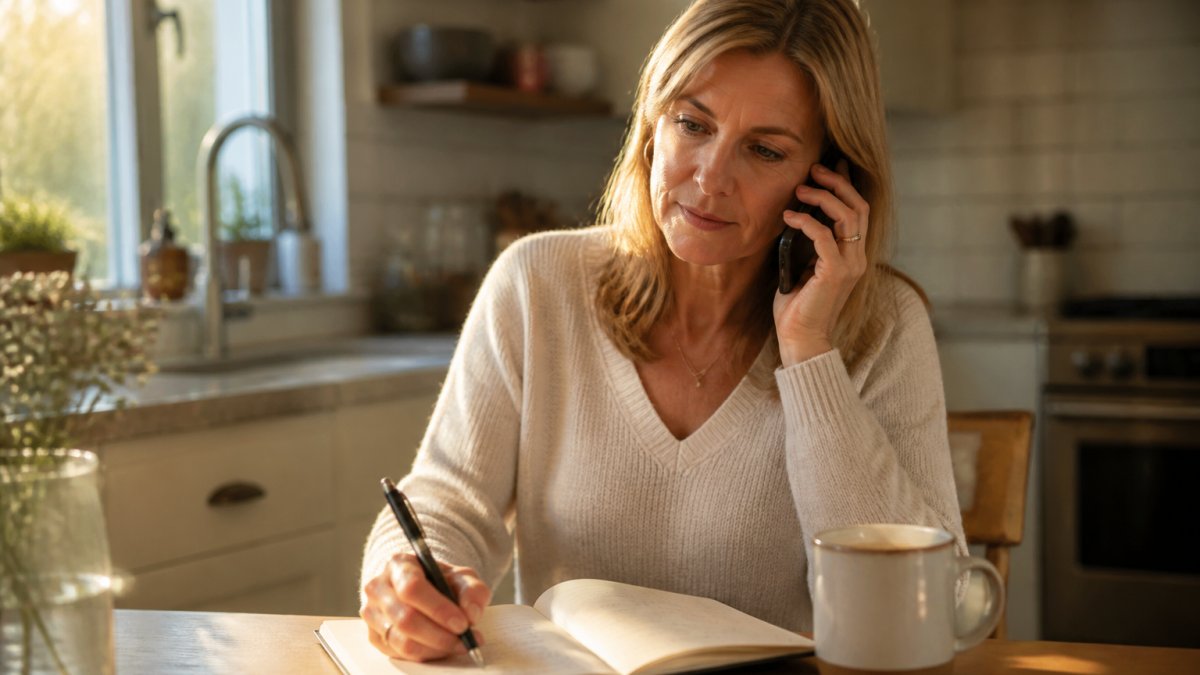 A woman in her 50s sitting at a kitchen table with a notebook and a cup of tea, talking on the phone with a healthcare provider, warm natural light