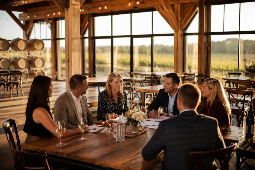 Infographic comparing winery event spaces as alternatives to hotel meeting rooms for collaborative sessions.