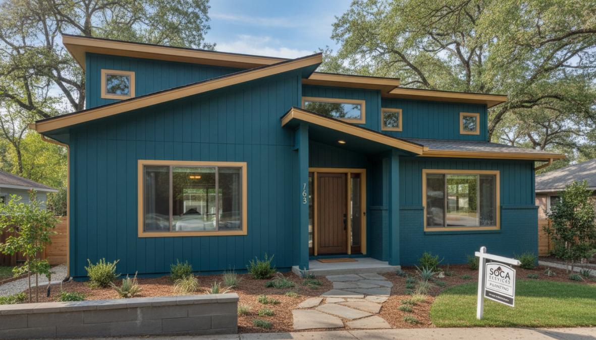 Residential home exterior painted in deep jewel-tone emerald green with crisp white trim and contrasting door, natural daylight showing curb appeal and architectural details