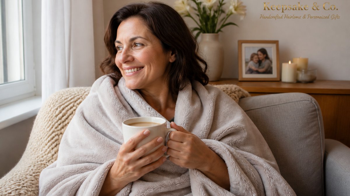 Mother wrapped in a soft personalized fleece blanket, smiling while holding a warm beverage in a custom mug, in a cozy home setting with natural window lighting