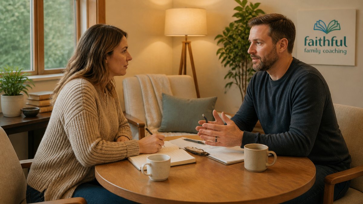 A couple sitting together at a small table in a cozy, private retreat room, engaged in focused conversation with notebooks and coffee, warm natural light through a window