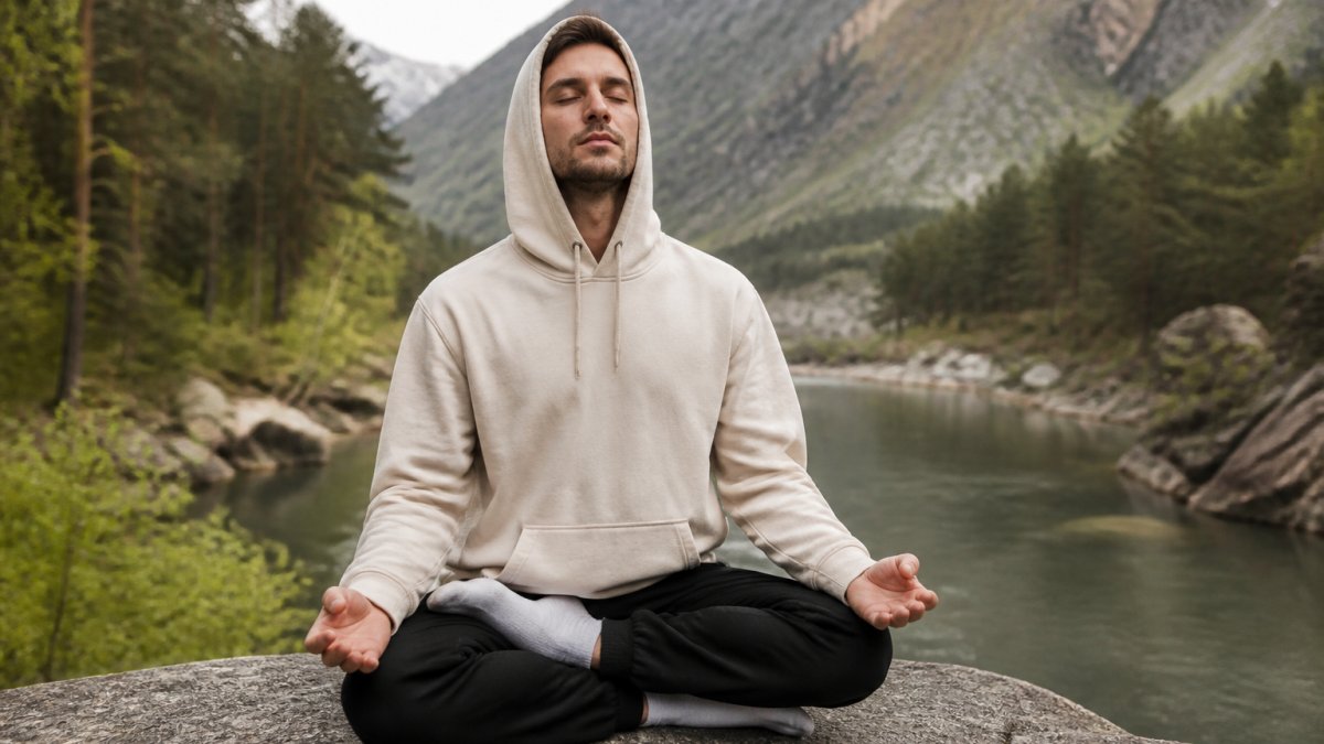 Person in comfortable spiritual apparel meditating peacefully in a serene outdoor natural setting.