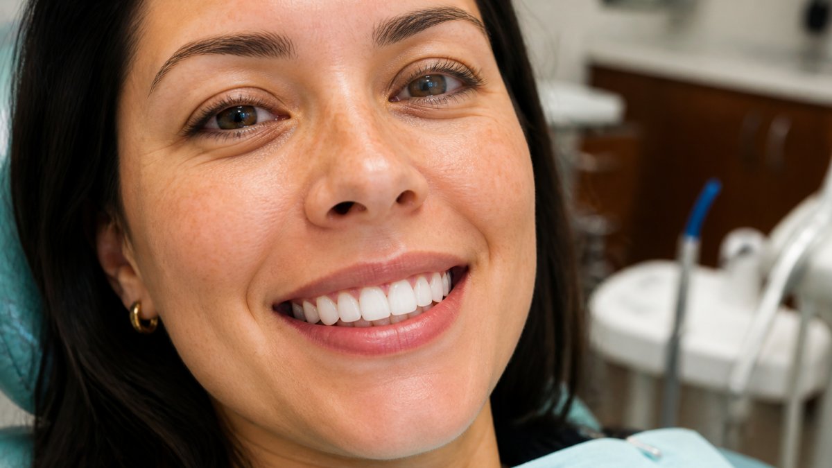 Infographic comparing all-ceramic to metal crowns with a close-up of a natural-looking dental restoration