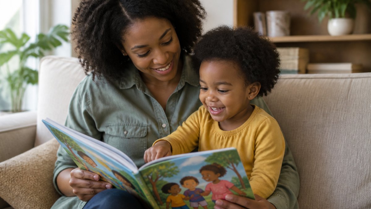 A parent and toddler sitting together on a cozy living room couch, reading a colorful picture book aloud, the child pointing at an illustration with a smile