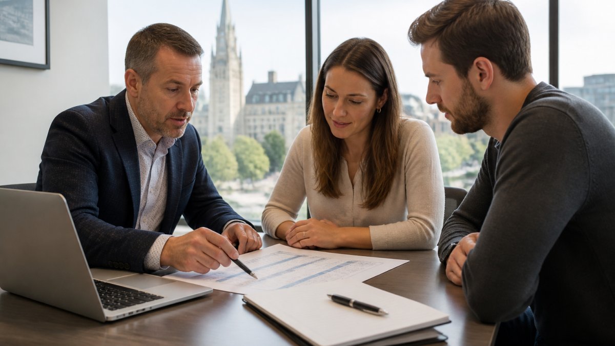 A mortgage broker and a couple reviewing lender comparison documents at a desk in a bright Ottawa office, with a laptop showing rate tables and a pen resting on a notepad