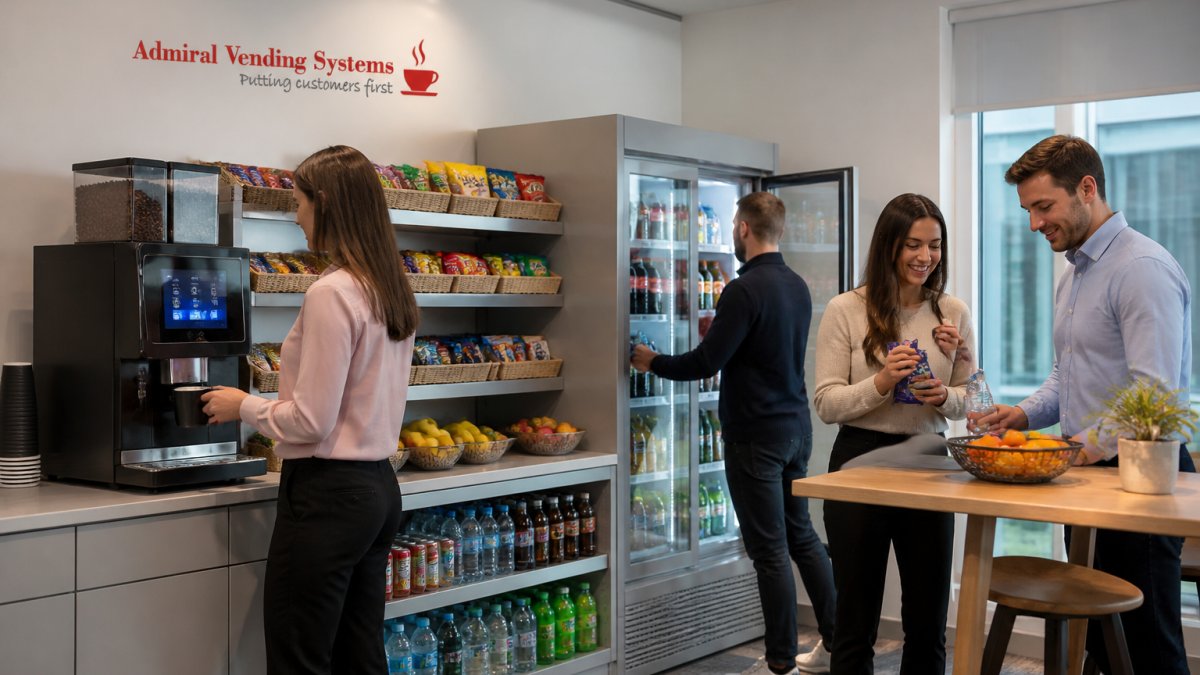 Employees selecting fresh snacks from a smart fridge and coffee machine as alternatives to traditional office catering
