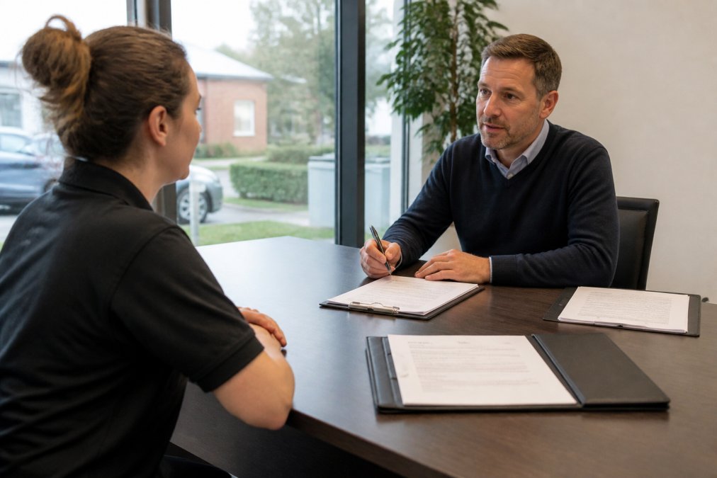 Professional facilities manager conducting structured interview with cleaning staff candidate in modern office boardroom, both seated at desk with recruitment paperwork and job description visible, natural window lighting