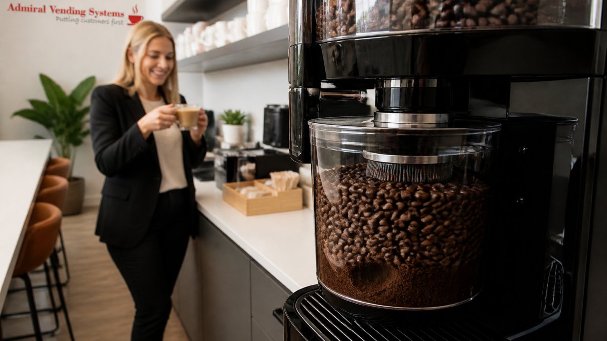 A close-up of a bean to cup coffee machine grinding fresh coffee beans in a bright modern office kitchen, with a member of staff collecting a cappuccino in the background