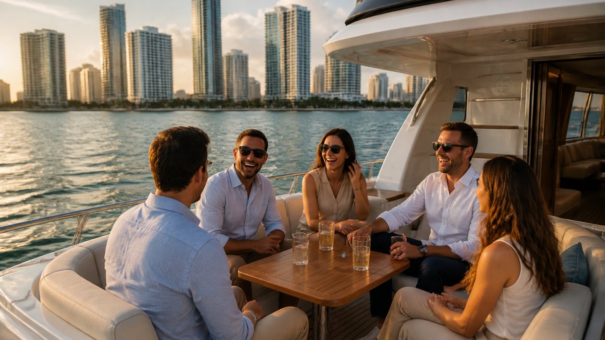 A group of colleagues in casual business attire laughing together on the aft deck of a white luxury yacht, Miami skyline and open water behind them, late afternoon light