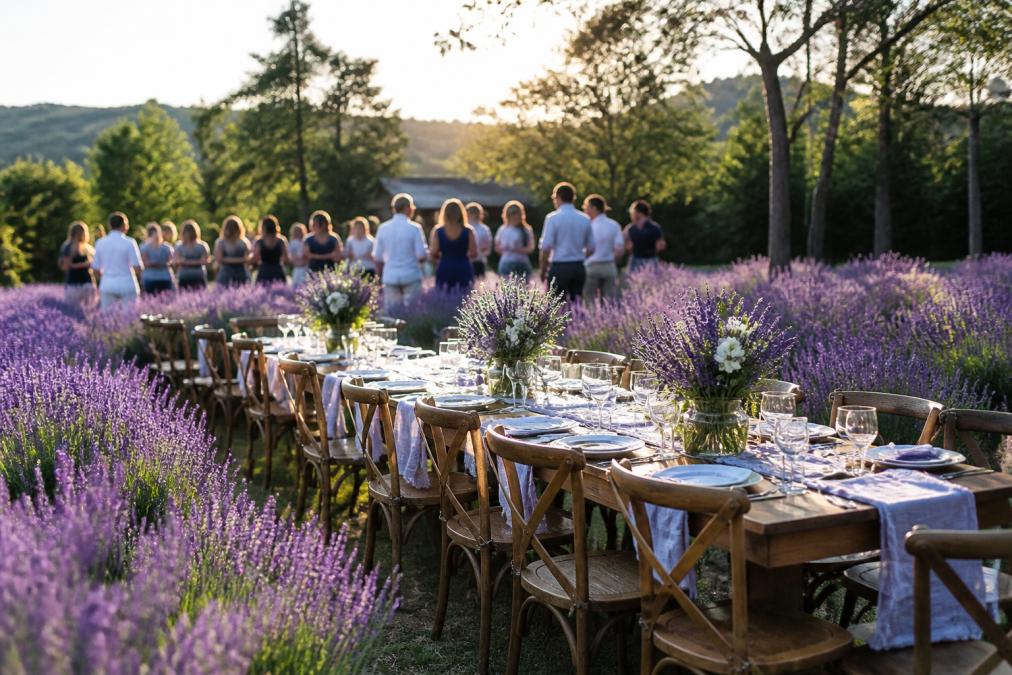 A lavender farm field in full bloom with long wooden tables arranged for an outdoor reception, soft afternoon sunlight filtering through purple flowers, guests mingling in the background